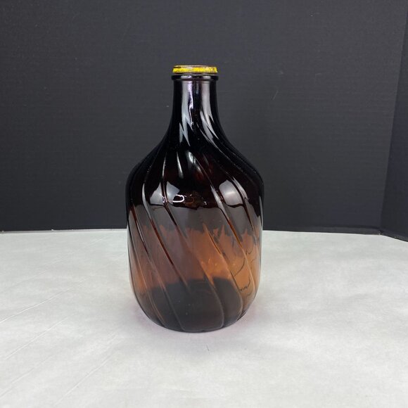 Vintage Amber Swirl Glass Jug Bottle With Handle & Yellow Metal Lid - Picture 4 of 11